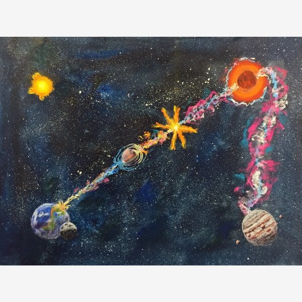 A painting of the solar system with planets and stars.