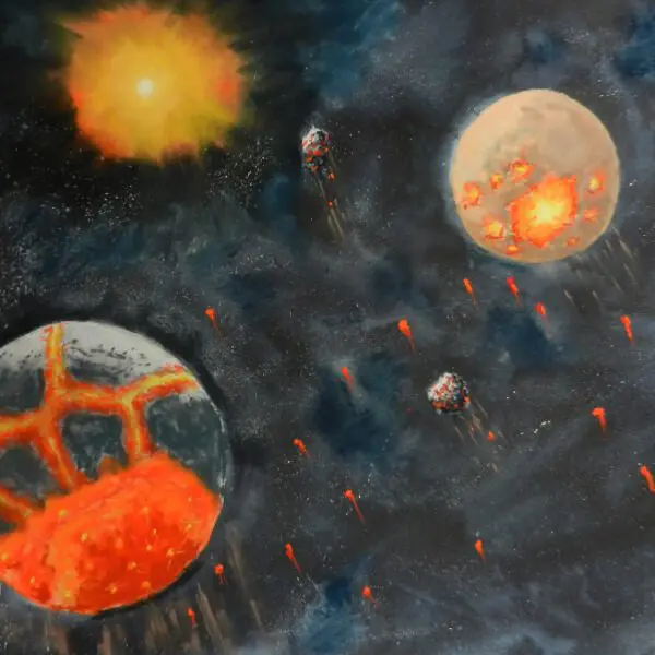 A painting of planets and asteroids in space.