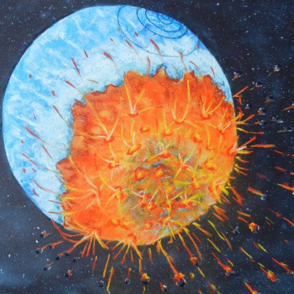 A painting of an exploding earth and moon.
