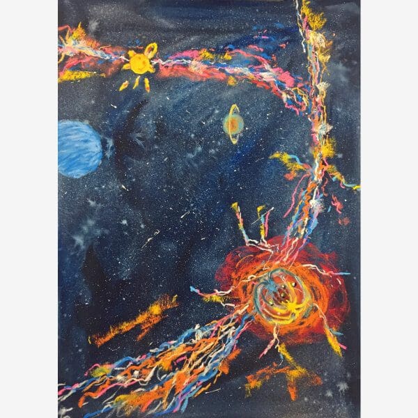 A painting of the universe with planets and stars.