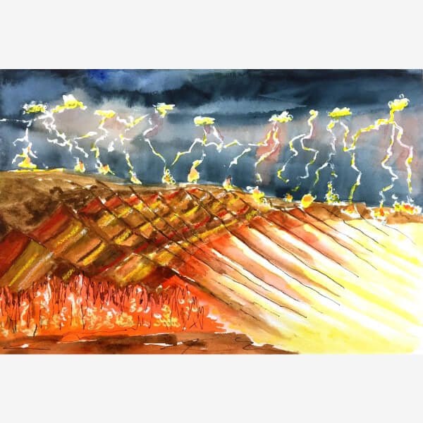 A painting of a field with lightning in the sky.
