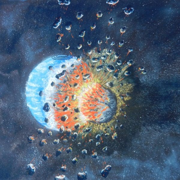 A painting of an exploding planet with many small holes.