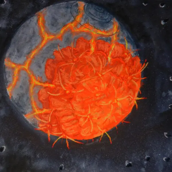 A painting of an orange and black sun