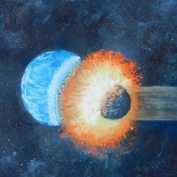 A painting of an asteroid hitting the earth.